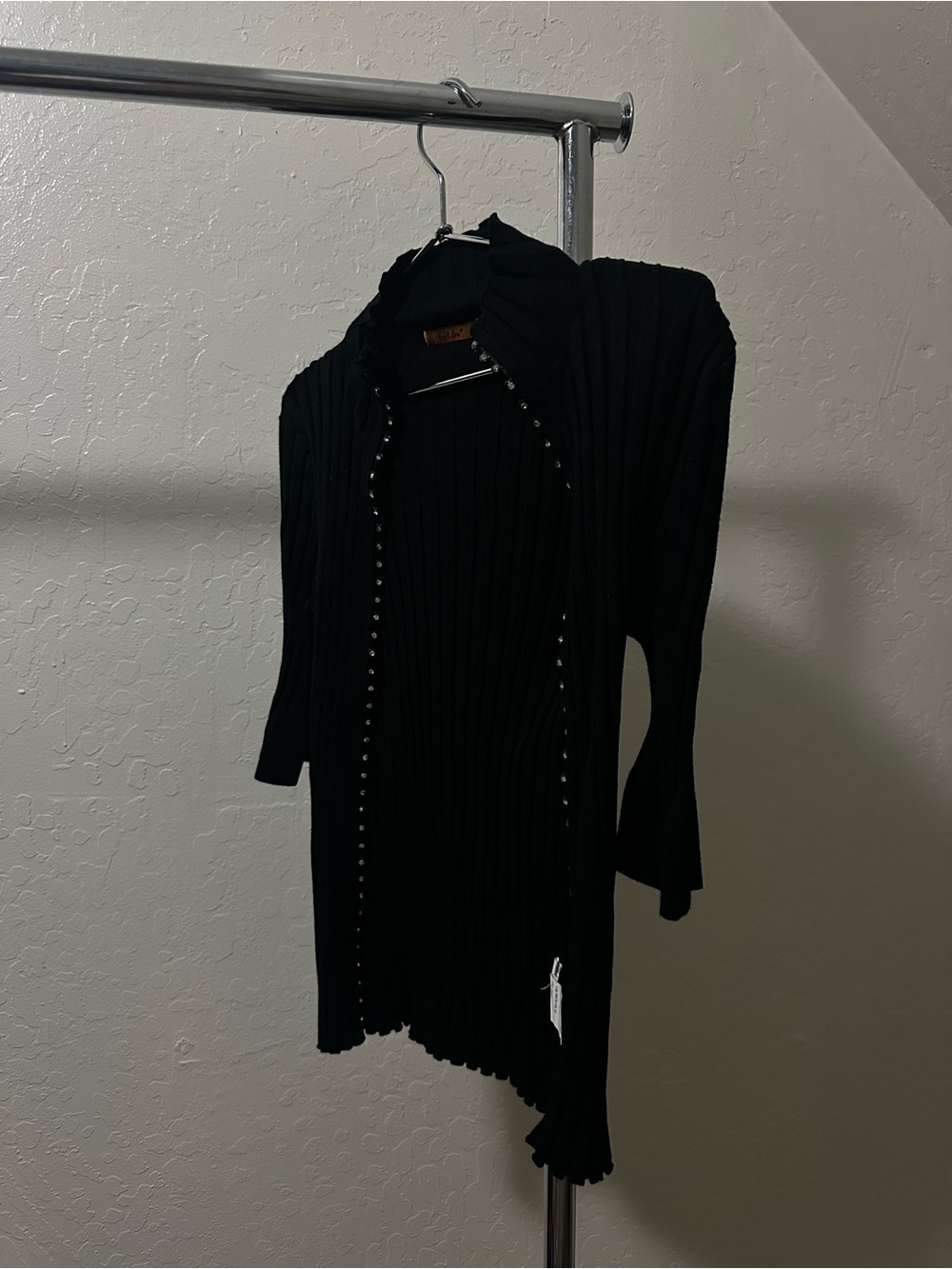 Belldini Black Ribbed Open-Front Cardigan with Stud Trim